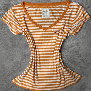 Hollister Stripe V-Neck T-Shirt Women's Large Orange White VTG Y2K Beach READ